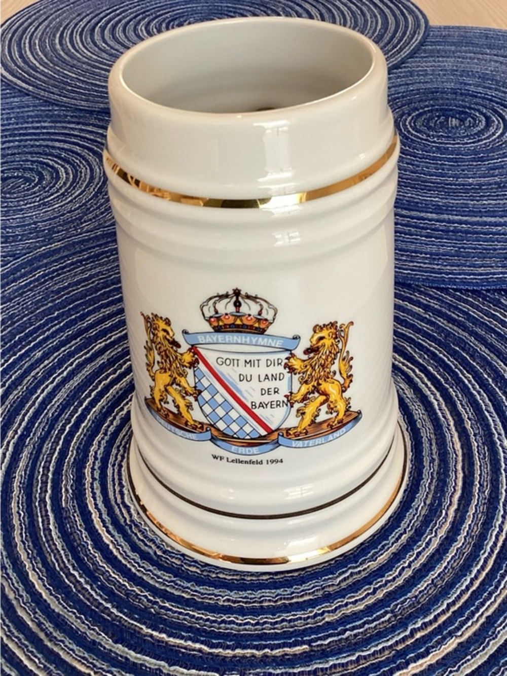 WF Lellenfeld 1994 Porcelain Beer Stein Bavaria Germany Coat of Arms Gold Edging